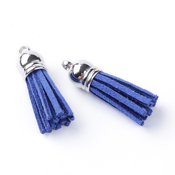 

PandaHall Faux Suede Tassel Pendant Decorations, with CCB Plastic Cord Ends, Platinum, Medium Blue, 35~37x10mm, Hole: 1.8mm Faux Suede