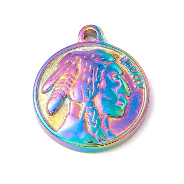 

PandaHall Ion Plating(IP) 304 Stainless Steel Pendants, Flat Round with Human Face, Rainbow Color, 21x18x3.5mm, Hole: 2mm 304 Stainless...