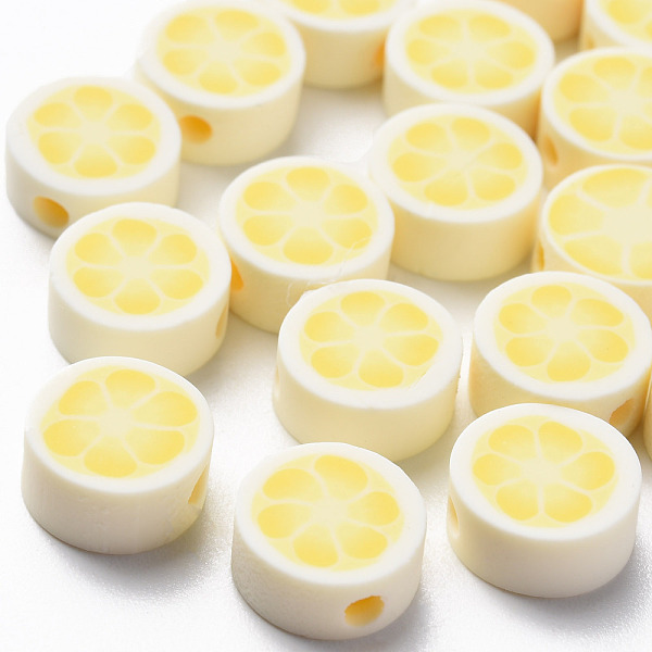 

PandaHall Handmade Polymer Clay Beads, Flat Round with Flower, Lemon Chiffon, 9~10x4~5mm, Hole: 1.4mm Polymer Clay Flat Round