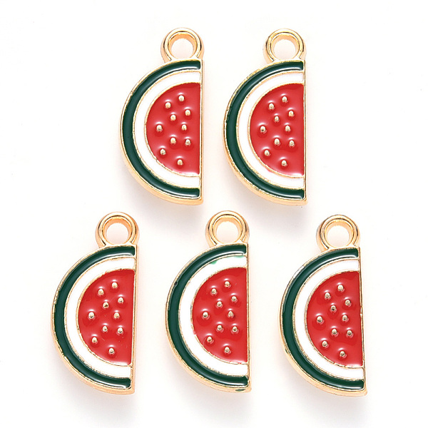 

PandaHall Alloy Enamel Pendants, Watermelon Slice, Light Gold, Red, 17x8x2mm, Hole: 1.8mm Alloy+Enamel Fruit Red