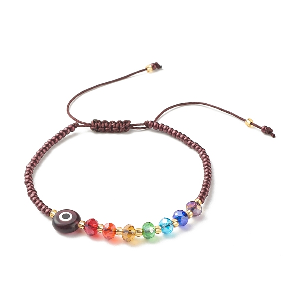 PandaHall Flat Round Evil Eye Lampwork Braided Bead Bracelet, Glass Seed Beads Adjustable Bracelet for Women, Coconut Brown, Inner Diameter