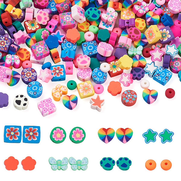 PandaHall 320Pcs 8 Styles Handmade Polymer Clay Beads, Mixed Shapes, Mixed Color, 40pcs/style Polymer Clay Mixed Shapes Multicolor