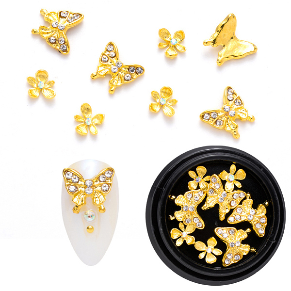 

PandaHall Alloy Rhinestone Cabochons, Nail Art Decoration Accessories, Flower & Butterfly, Golden, 10x11x2.5mm & 8x7x2mm, 8pcs/box..., Multicolor