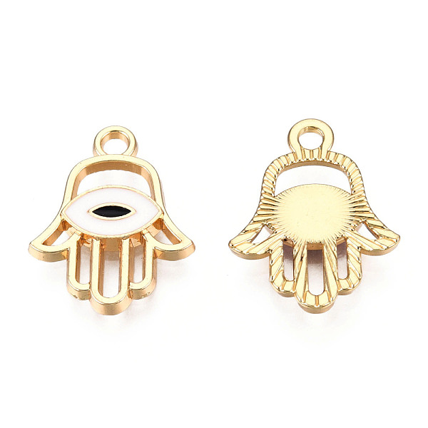 

PandaHall Light Gold Plated Alloy Pendants, with Enamel, Hamsa Hand/Hand of Miriam with Evil Eye, White, 20x15.5x2.5mm, Hole: 2mm...