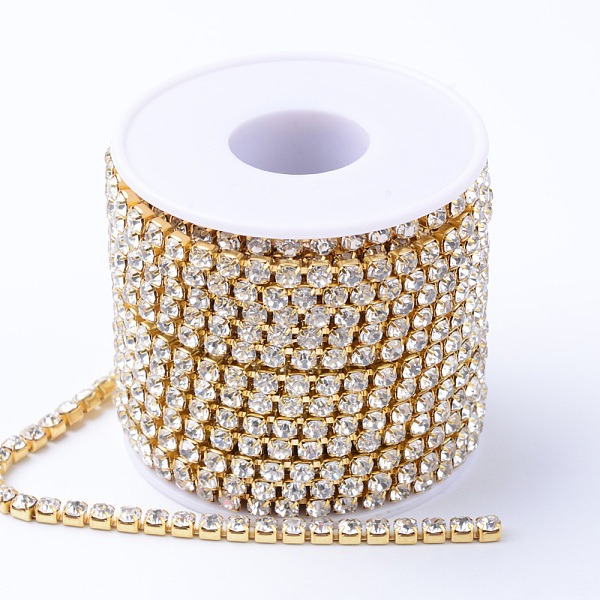 

PandaHall Brass Rhinestone Strass Chains, with Spool, Rhinestone Cup Chains, Raw(Unplated), Nickel Free, Crystal, 2.8mm, about 10yards/roll..., Clear