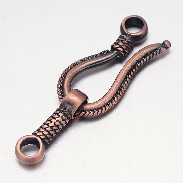 

PandaHall Rack Plating Brass Hook and S-Hook Clasps, Nickel Free, Brushed Red Copper, 45x14x4mm, Hole: 3.5mm Brass