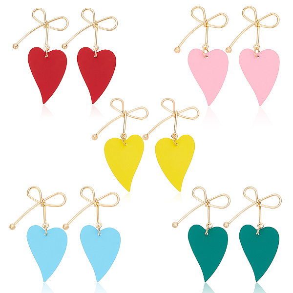 

PandaHall ANATTASOUL 5 Pairs 5 Colors Alloy Bowknot with Heart Dangle Stud Earrings, Light Gold Stainless Iron Jewelry for Women, Mixed..., Multicolor