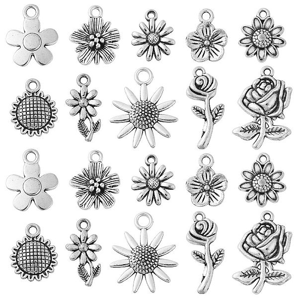 

PandaHall 100Pcs 10 Styles Tibetan Style Alloy Pendants, Flower, Antique Silver, 14~23x10~16x1~4mm, Hole: 1.4~3mm, 10pcs/style Alloy Flower