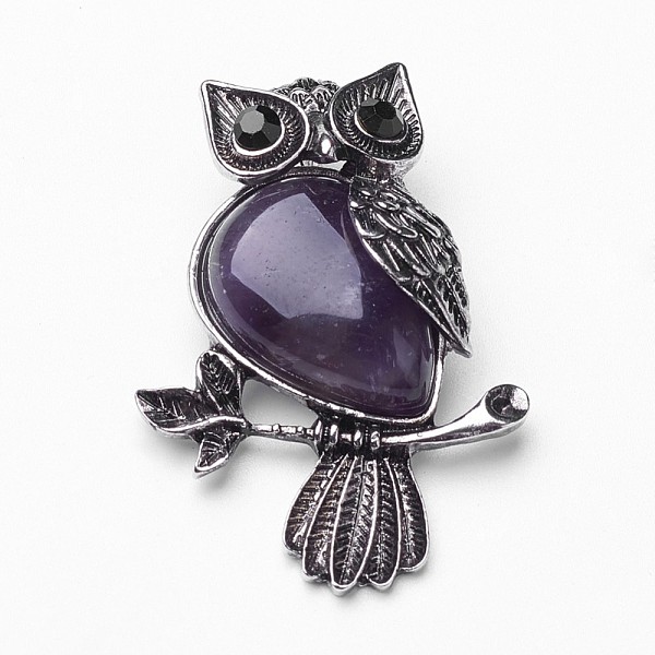 

PandaHall Natural Amethyst Pendants, Big Pendants, with Alloy Rhinestone Findings, Owl, Antique Silver, 50x35x14mm, Hole: 6x9mm Amethyst Owl