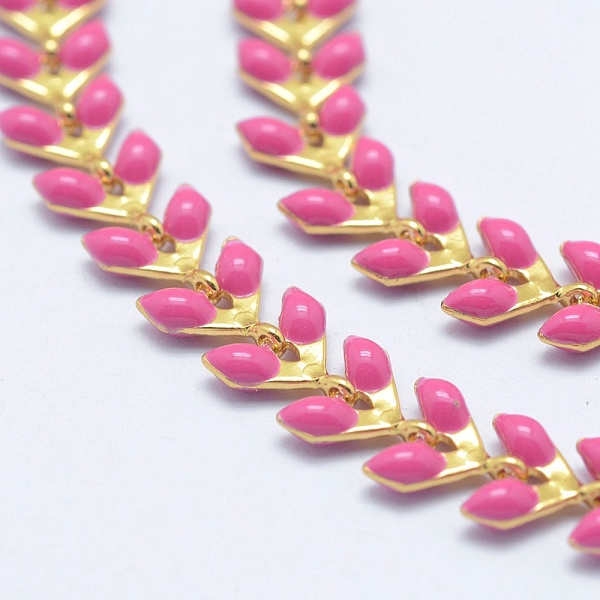 

PandaHall Brass Handmade Chains, Unwelded, with Enameled Cobs, Long-Lasting Plated, Leaf, Real 18K Gold Plated, Deep Pink, 6.5x6x0.5mm...