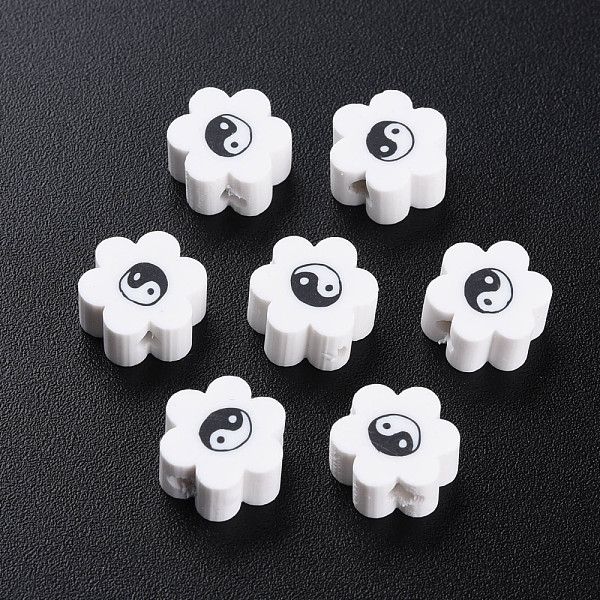 PandaHall Handmade Polymer Clay Beads, for DIY Jewelry Crafts Supplies, Flower with Yinyang, White, 8~9x7.5~8.5x4~4.5mm, Hole: 1.6~1.8mm...
