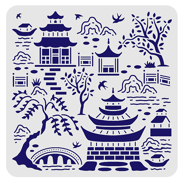 PandaHall FINGERINSPIRE Secret Garden Toile Drawing Stencil 30x30cm Reusable Birds Tree Mountains Stencil Buildings Bridge Stencil for...