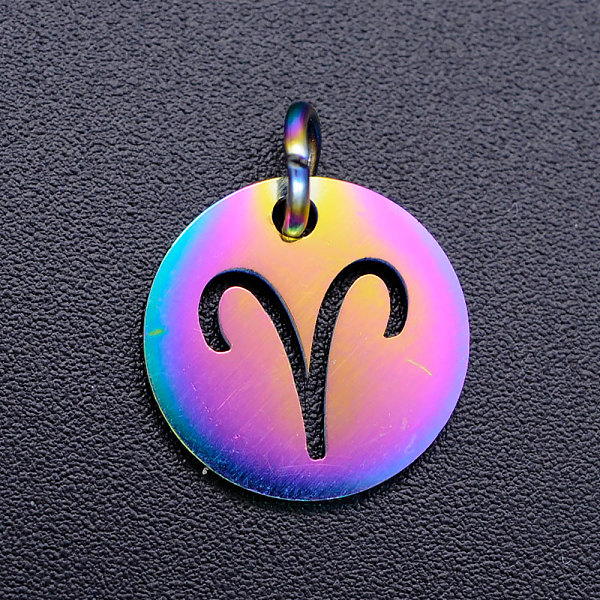 

PandaHall Rainbow Color Ion Plating(IP) 201 Stainless Steel Charms, with Jump Rings, Flat Round with Constellation/Zodiac Sign, Aries...