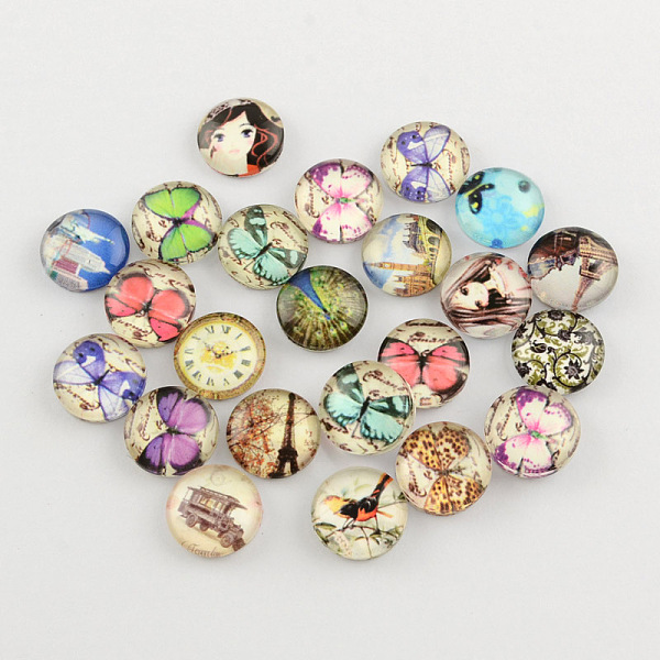 

PandaHall Mixed Printed Glass Cabochons, Half Round/Dome, 25x7~8mm Glass Half Round Multicolor