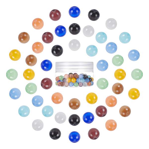

PandaHall SUNNYCLUE 100Pcs 10 Colors Cat Eye Beads, Round, Mixed Color, 8mm, Hole: 1.2mm, 10pcs/color Glass Round Multicolor
