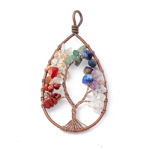 

PandaHall 7 Chakra Teardrop Natural Mixed Stone Copper Wire Wrapped Chip Big Pendants, Tree of Life Charm, with Red Copper Tone Iron...