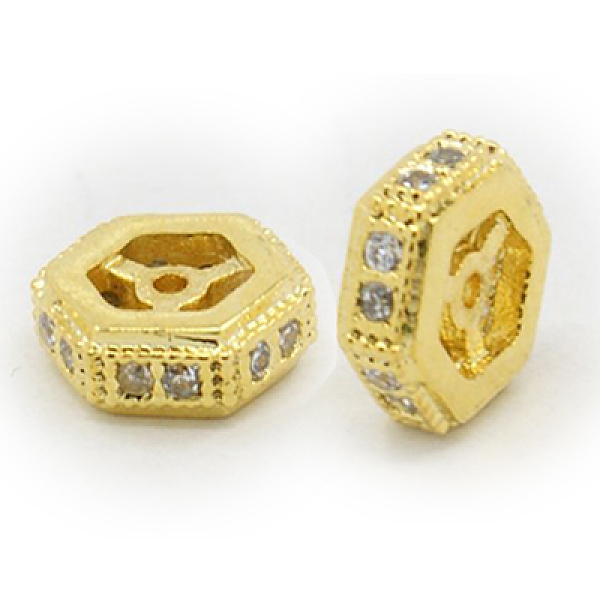 

PandaHall Brass Cubic Zirconia Beads, Hexagon, Golden, 8x8x2.5mm, Hole: 0.5mm Brass+Cubic Zirconia Hexagon