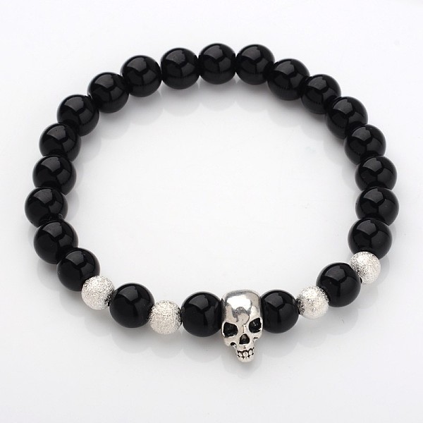 

PandaHall Unique Design Skull Gemstone Beaded Stretch Bracelets, with Alloy Beads and Brass Textured Beads, Black Stone, 53mm Black Stone