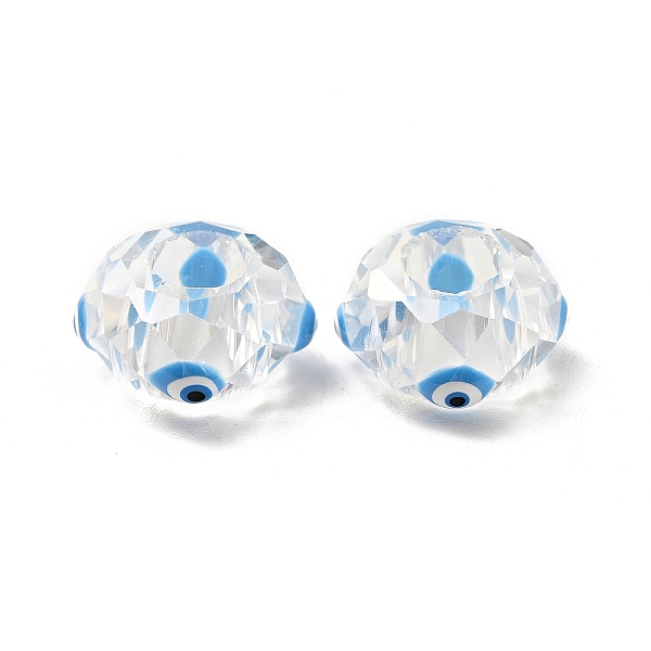 

PandaHall Transparent Glass European Beads, Large Hole Beads, with Enamel, Faceted, Rondelle with Evil Eye Pattern, Deep Sky Blue, 14x8mm...