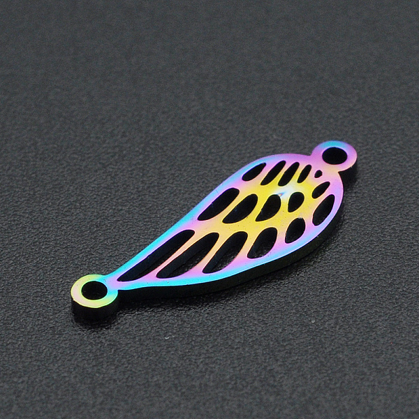 

PandaHall Ion Plating(IP) 201 Stainless Steel Links Connectors, Laser Cut, Feather Shape, Rainbow Color, 19.5x7x1mm, Hole: 1.2mm 201...