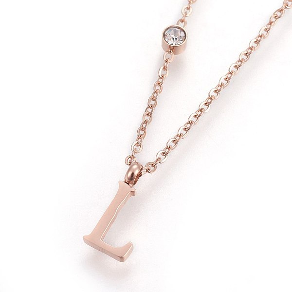 

PandaHall 304 Stainless Steel Initial Pendant Necklaces, with Glass Rhinestone, Crystal, Rose Gold, Letter.L, 16.1~16.5 inch(41~42cm)..., Clear