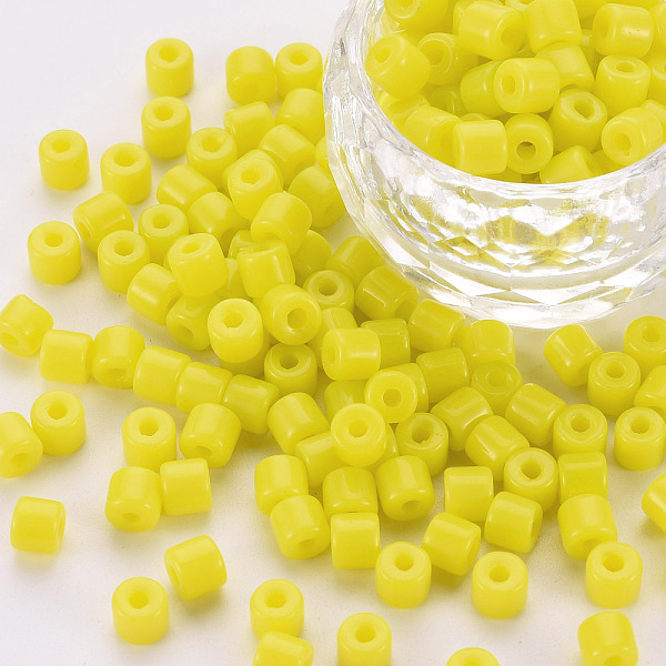 

PandaHall Opaque Glass Bugle Beads, Round Hole, Yellow, 4x5mm, Hole: 1.6mm, about 2250pcs/bag Glass Yellow