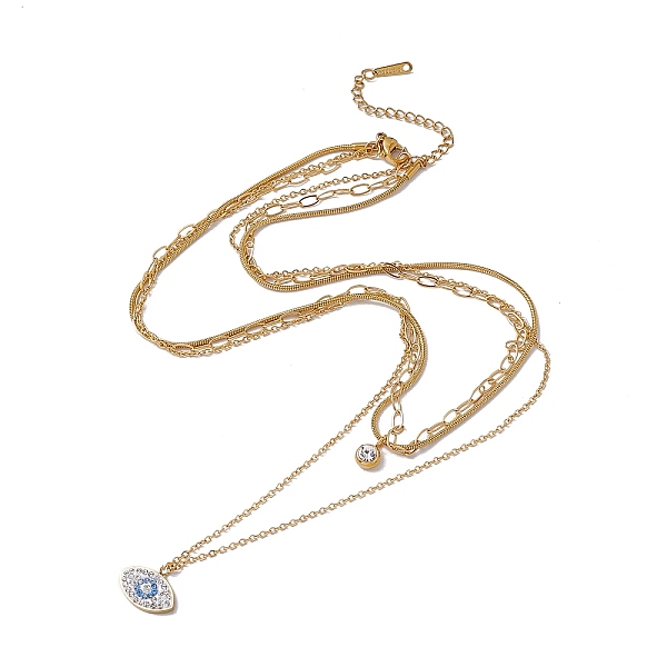 

PandaHall Rhinestone Evil Eye Pendant Triple Layer Necklace, 304 Stainless Steel Round Snake & Cable Chains Bohemia Necklace for Women..., Clear