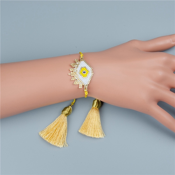 

PandaHall Glass Seed Braided Bead Bracelet with Double Tassel, Evil Eye Protection Lucky Bracelet for Women, Yellow, 11 inch(28cm) Glass...