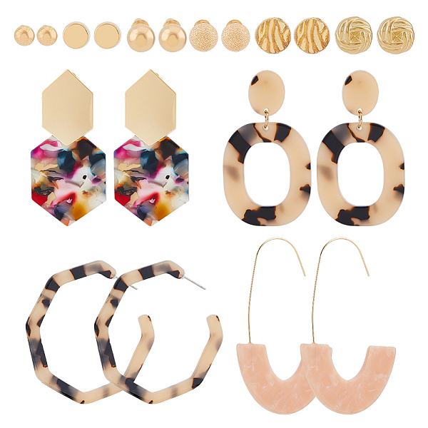 

PandaHall FIBLOOM 20Pcs 10 Style Acrylic Dangle Stud Earrings, Alloy Earrings Post, Half Hoop Earrings for Women, Hexagon & Oval & Round..., Multicolor