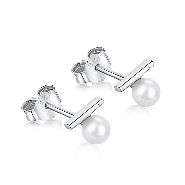 PandaHall Rhodium Plated 925 Sterling Silver Pearl Stud Earrings for Women, with S925 Stamp, Round & Bar, Real Platinum Plated, 6.2x5.2mm...