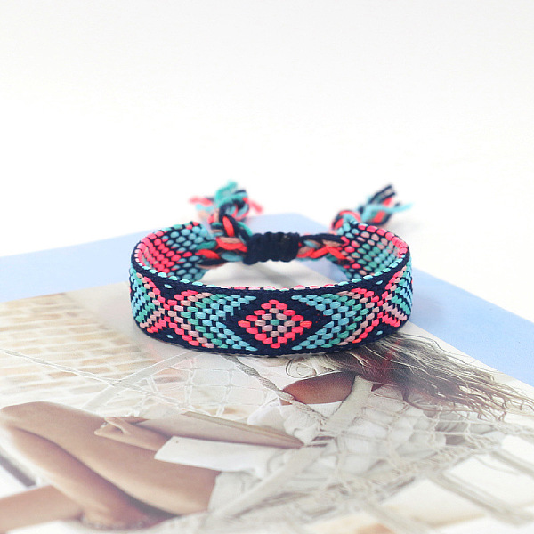 

PandaHall Polyester Braided Rhombus Pattern Cord Bracelet, Ethnic Tribal Adjustable Brazilian Bracelet for Women, Midnight Blue, 5-7/8 inch...