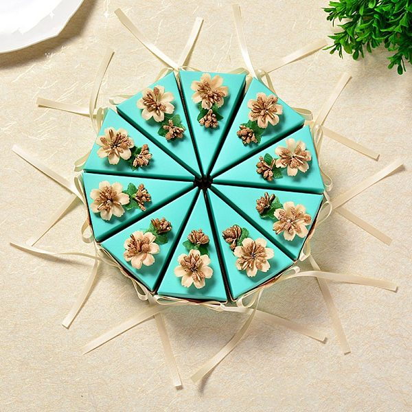 PandaHall Cake-Shaped Cardboard Wedding Candy Favors Gift Boxes, with Plastic Flower and Ribbon, Triangle, Aquamarine, Finish Product...