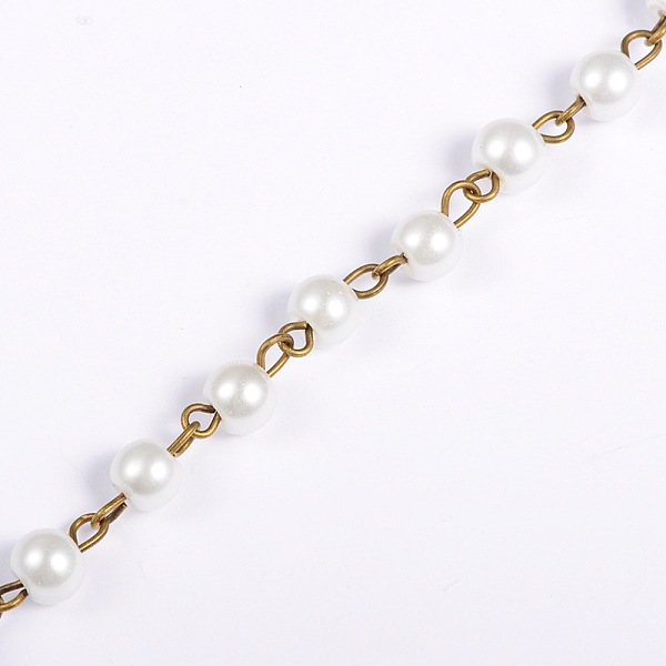 

PandaHall Handmade Round Glass Pearl Beads Chains for Necklaces Bracelets Making, with Antique Bronze Iron Eye Pin, Unwelded, White, 39.3...