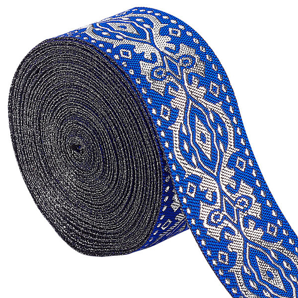 

PandaHall GORGECRAFT Ethnic Jacquard Ribbon 33mm Wide Double Side Blue Floral Embroidery Polyester Woven Ribbons Silver Trim Fringe Band for...