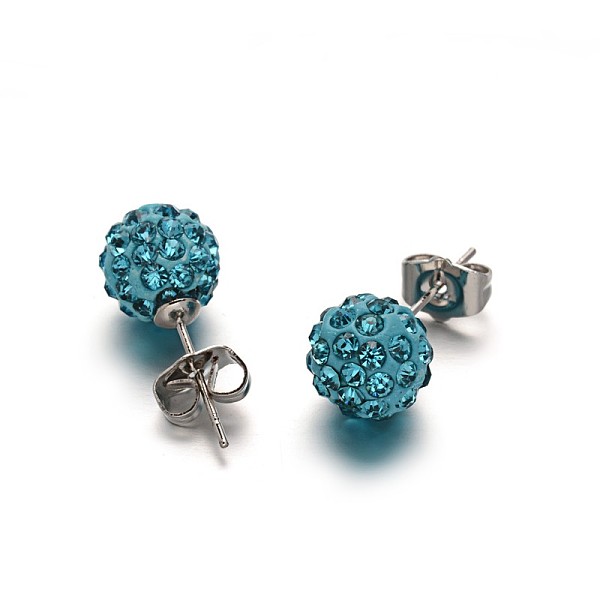

PandaHall Polymer Clay Rhinestone Ball Stud Earrings, with Stainless Steel Stud Earring Findings, Stainless Steel Color, Aquamarine, 10mm..., Cyan