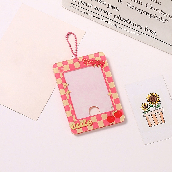 PandaHall Acrylic Photocard Sleeve Keychain, with Ball Chains and Rectangle Clear Window, Rectangle, Cerise, Cherry Pattern, 105x75mm...