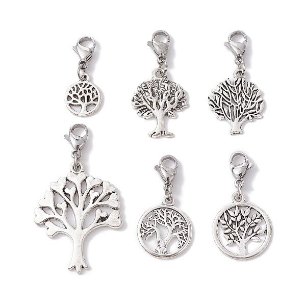 

PandaHall 6Pcs Tree of Life Alloy Pendants Decorations, with Lobster Claw Clasps, Antique Silver & Platinum, 25~45mm Alloy Mixed Shapes
