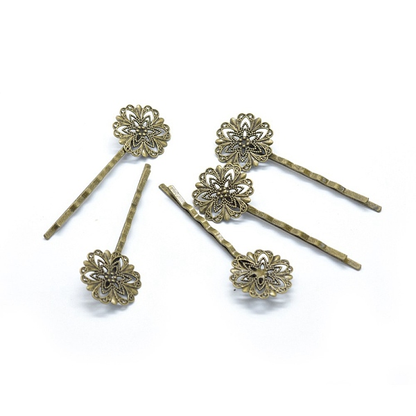 

PandaHall Iron Hair Bobby Pin Findings, with Brass Filigree Flower Cabochon Bezel Settings, Nickel Free, Antique Bronze, 62.5x2mm Iron