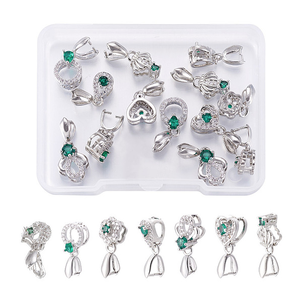 

PandaHall Spritewelry 14Pcs 7 Style Brass Micro Pave Cubic Zirconia Ice Pick Pinch Bails, Platinum, Crown & Heart & Ring & Flower & Teardrop..., Green