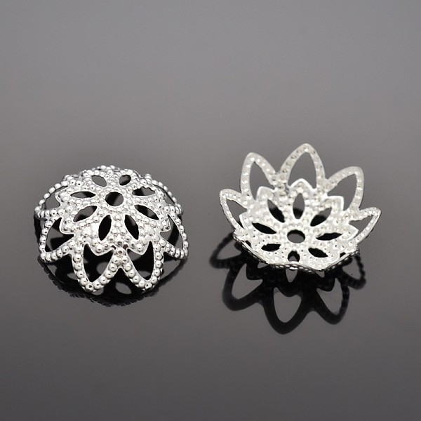 

PandaHall Filigree Flower Multi-Petal Brass Fancy Bead Caps, Platinum, 10x4mm, Hole: 1~10mm Brass