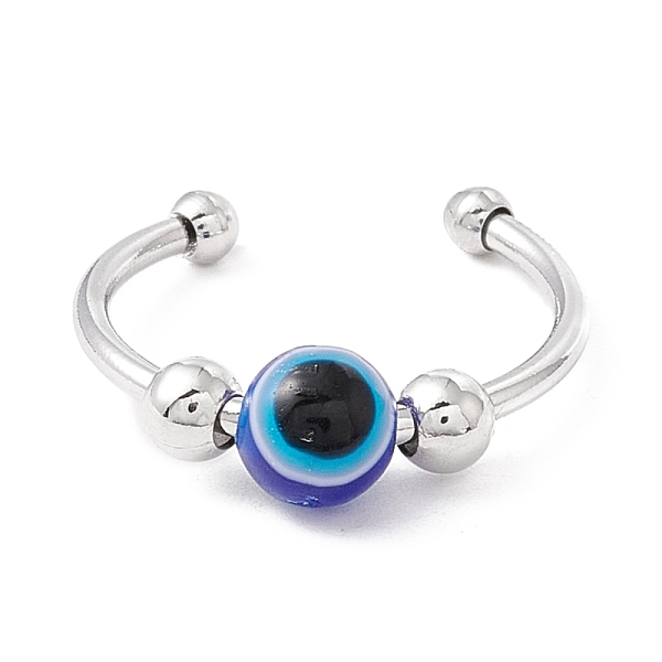 PandaHall Round Evil Eye Rotating Beaded Open Cuff Ring, Brass Ball Rotatable Anti Anxiety Spinner Rings, Blue, US Size 4 1/4(15mm) Brass...