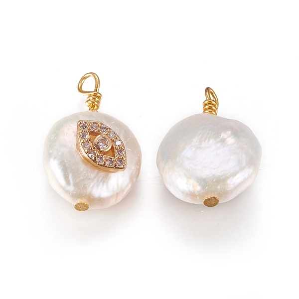 

PandaHall Natural Cultured Freshwater Pearl Pendants, with Cubic Zirconia and Brass Findings, Flat Round with Eyes, Golden, Mixed Color..., Multicolor