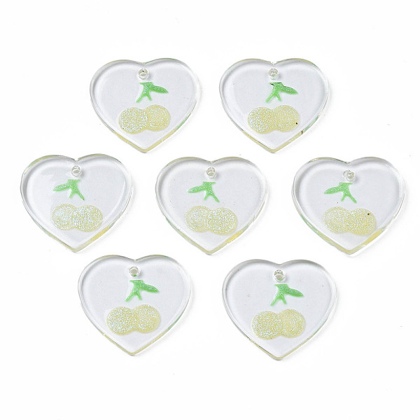 

PandaHall Transparent Resin Pendants, with Glitter Powder, Heart with Cherry, Champagne Yellow, 18x19.5x2~2.5mm, Hole: 1.4mm Resin Heart