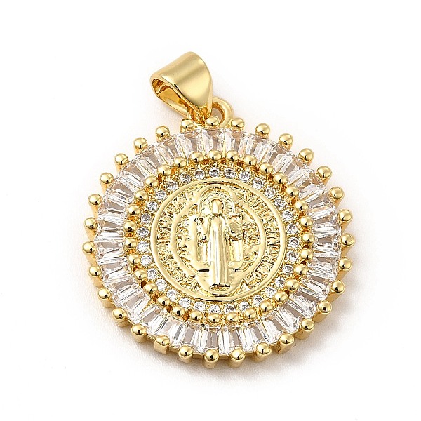 

PandaHall Rack Plating Brass Micro Pave Cubic Zirconia Pendants, Cadmium Free & Lead Free, Real 18K Gold Plated, Flat Round with Saint..., Clear