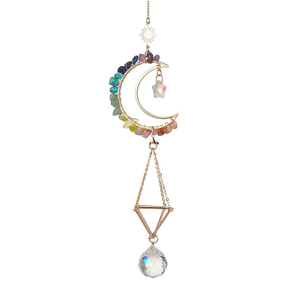 

PandaHall Wire Wrapped Gemstone Chip & Brass Moon Pendant Decoration, Brass Pouch and Glass Round Charm, for Home Decoration, 308mm Mixed..., Multicolor