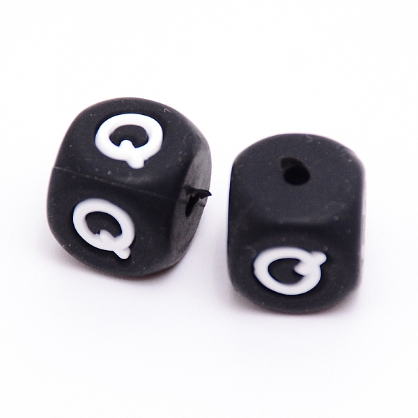 

PandaHall Silicone Beads, Cube with Letter.Q, Black, 12x12x12mm, Hole: 2mm Silicone Cube Black