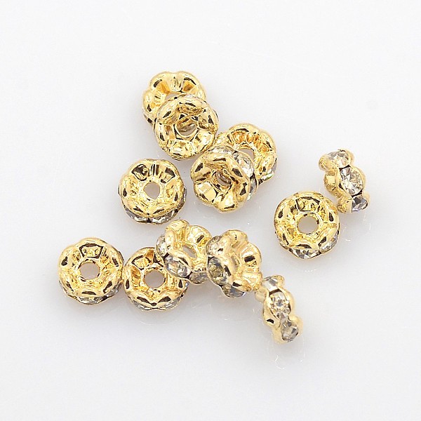 

PandaHall Brass Rhinestone Spacer Beads, Grade AAA, Wavy Edge, Nickel Free, Light Gold Metal Color, Rondelle, Crystal, 6x3mm, Hole: 1mm..., Clear