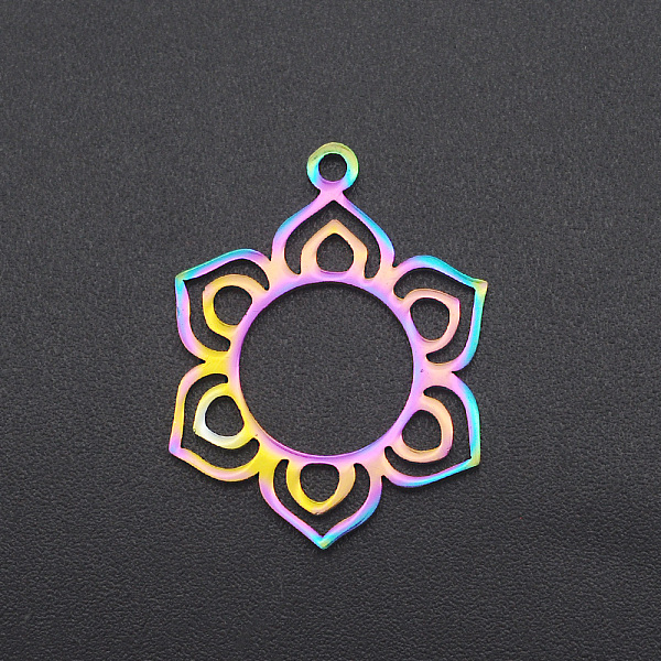 

PandaHall Ion Plating(IP) 201 Stainless Steel Pendants, Svadhisthana, Laser Cut, Rainbow Color, 24x18.5x1mm, Hole: 1.6mm 201 Stainless Steel...