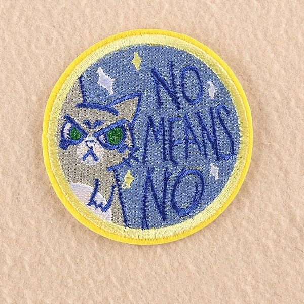 

PandaHall Computerized Embroidery Cloth Iron on/Sew on Patches, Costume Accessories, Appliques, Flat Round with Cat, Word No Means No..., Blue