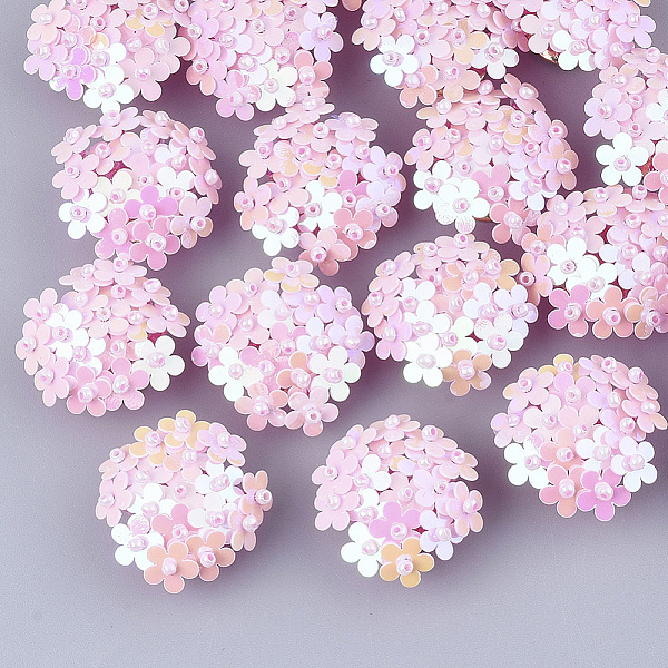 

PandaHall PVC Paillette Cabochons, Cluster Beads, with Glass Seed Beads and Golden Plated Brass Perforated Disc Settings, Flower, Pink...